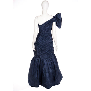 1980s Scaasi Dramatic Pleated Vintage Blue Taffeta 80s Dress W Bows