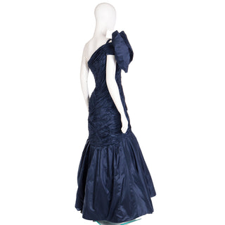 1980s Scaasi Dramatic Pleated Vintage Blue Taffeta Dress W Bows & Red Lining