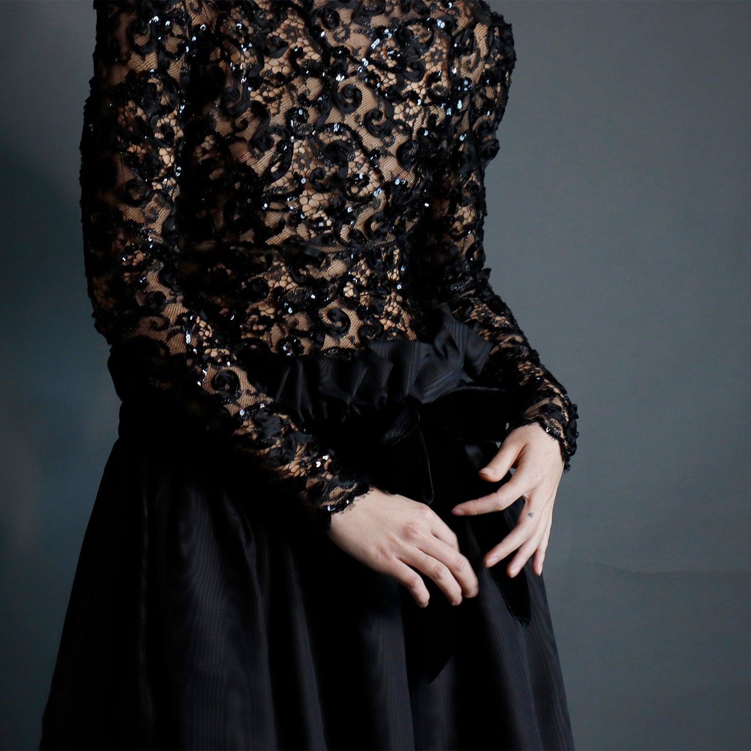 1980s Bob Mackie Black Lace & Sequins Illusion Bodice Vintage Dress w/ Paper Bag Waist