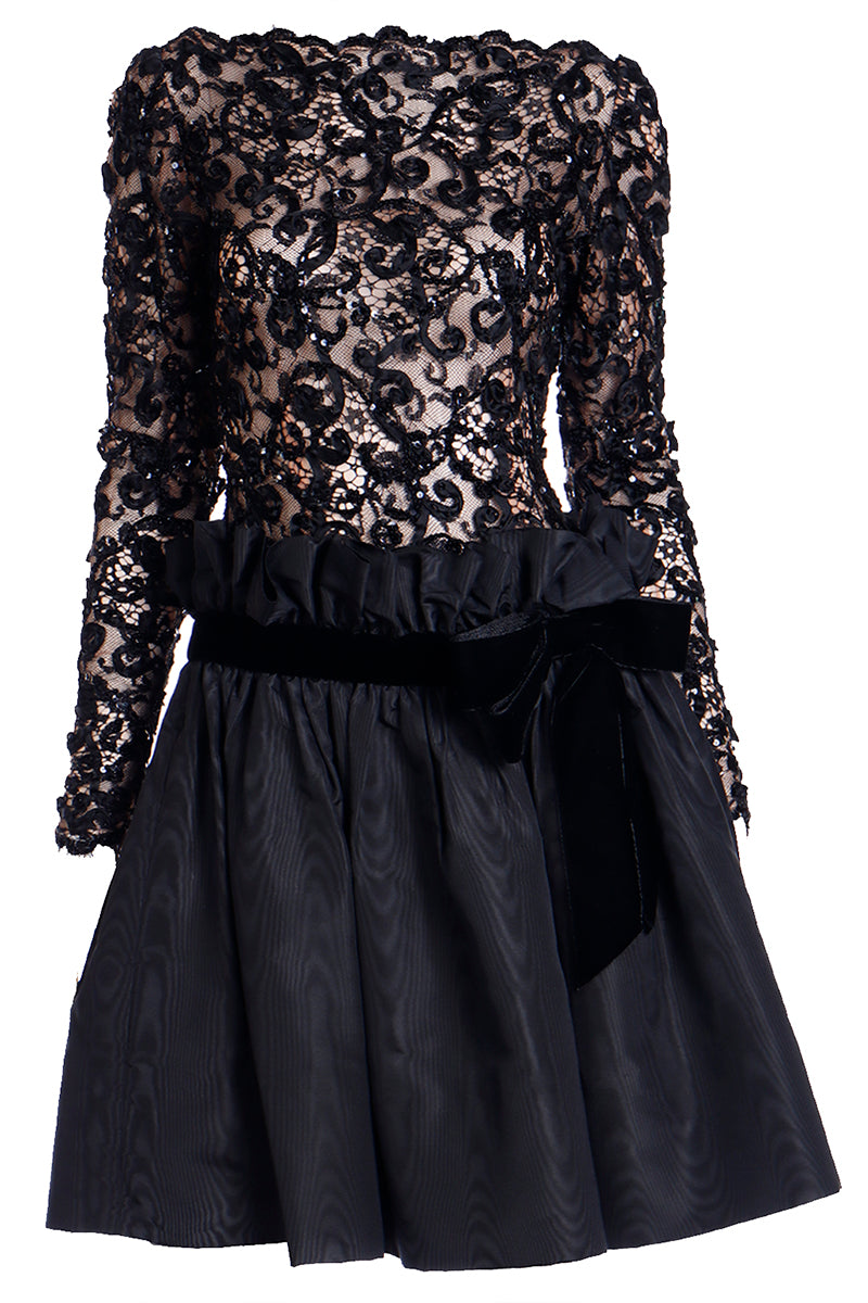 1980s Bob Mackie Black Lace Illusion Paper Bag Drop Waist Dress Size 6 Modig 1980s Bob Mackie Black Lace Illusion Paper Bag Drop Waist Dress Size 6 Modig