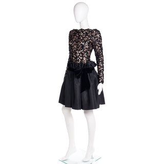 1980s Bob Mackie Black Lace & Sequins Illusion Bodice Vintage Dress w/ Paper Bag Waist