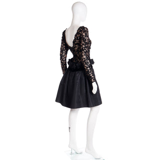 1980s Bob Mackie Black Lace & Sequins Illusion Bodice Vintage Dress w/ Paper Bag Waist