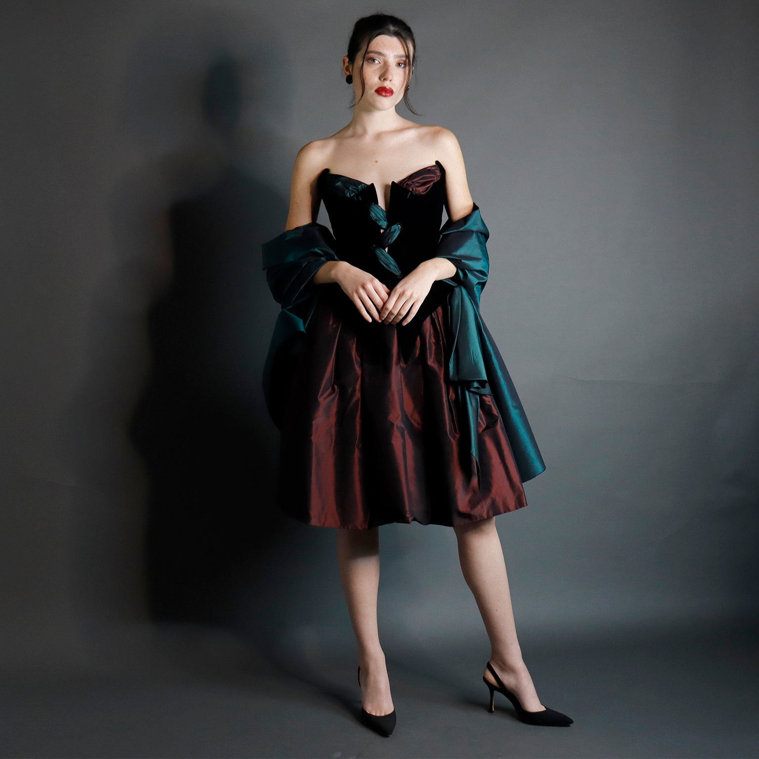 1980s Bob Mackie Strapless Corset Dress W Wrap Green & Burgundy Velvet & Taffeta 1980s Bob Mackie Strapless Corset Dress W Wrap Green & Burgundy Velvet & Taffeta