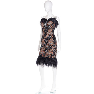 1980s Bob Mackie Vintage Black Sequin & SIlver Metallic Feather Dress