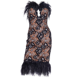 1980s Bob Mackie Black Sequin & SIlver Metallic Feather Dress Saks Fifth Avenue Evening Dress