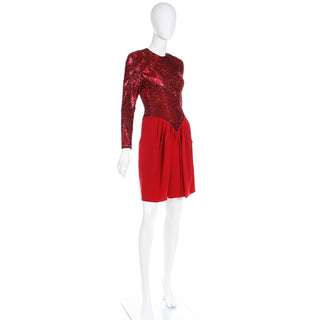 1980s Bob Mackie Boutique Vintage Red Beaded Dress Silk w Sequins & Rhinestones