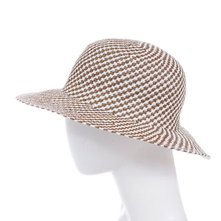 1990s Vintage Brown and White Checked Woven Straw Hat with Brim