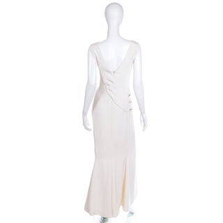 1990s Carolina Herrera Vintage Ivory Silk Crepe Full Length Evening Dress w Rhinestones