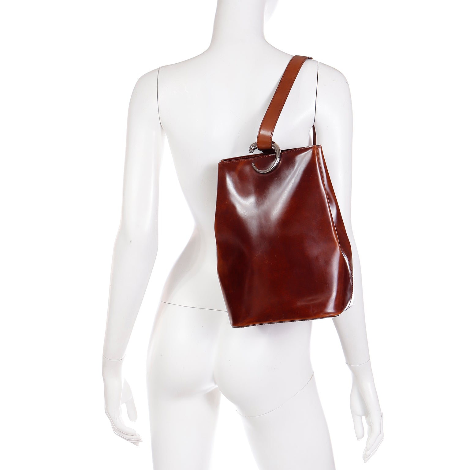 cartier panther panthere leather black sling bag backpack 1990s Cartier Brown Leather Panthere Shoulder Side Bag or Backpack