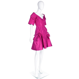 1987 Christian Dior Couture Magenta Pink Vintage Evening Dress W Black Crystals 