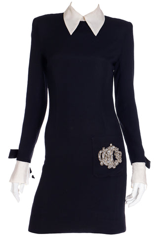 1980s Christian Dior Black Dress w Beaded Dior Embroidered Logo & Organza Collar & Cuffs Small 