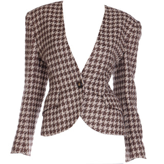 1980s Vintage Christian Dior Brown Check Houndstooth Blazer Jacket Sz 8