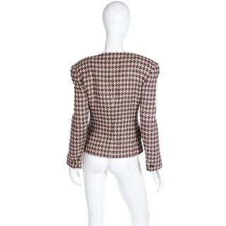 1980s Vintage Christian Dior Brown Check Houndstooth Blazer Jacket Collarless