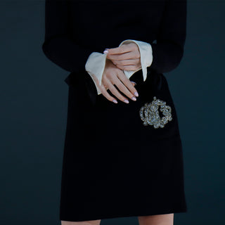 1980s Christian Dior Black Dress w Beaded Dior Logo & White Organza Collar & Cuffs
