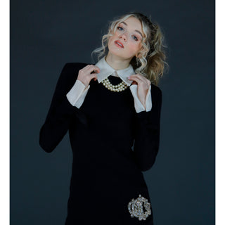 Late 1980s Christian Dior Black Dress w Beaded Dior Logo & Organza Collar & Cuffs