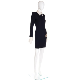 1980s Christian Dior Black Dress w Beaded Dior Logo & Organza Collar & Cuffs Small