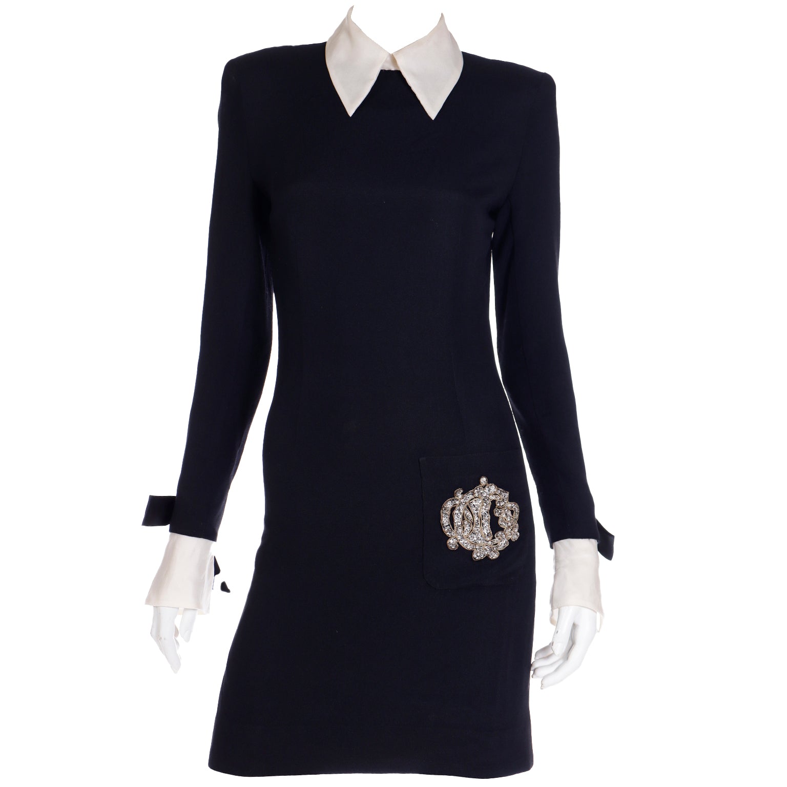 1980s Christian Dior Vintage Black Dress w Beaded Dior Logo Modig 1980s Christian Dior Vintage Black Dress w Beaded Dior Logo Modig