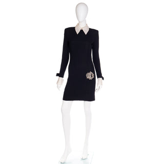 1980s Christian Dior Black Dress w Beaded Dior Logo & Organza Collar & Cuffs Sz XS/S