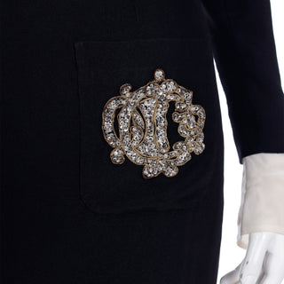 1980s Christian Dior Black Dress w Beaded Dior Metallic Embroidered Logo & Organza Collar & Cuffs 