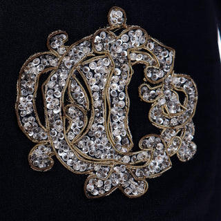 1980s Christian Dior Black Dress w Beaded Dior Logo & Organza Collar & Cuffs Metallic Embroidery