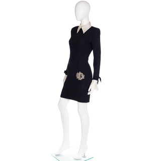 1980s Christian Dior Black Dress w Beaded Dior Logo & Organza Collar & Cuffs Size Small