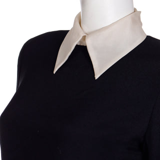 1980s Christian Dior Black Dress w Beaded Dior Logo & Organza Pointed Collar & Cuffs