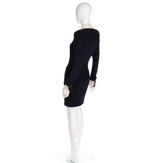 1980s Christian Dior Black Dress w Beaded Dior Logo & Organza Collar & Cuffs S