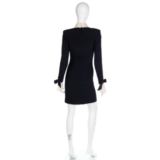 1980s Christian Dior Vintage Little Black Dress w Beaded Dior Logo & Organza Collar & Cuffs