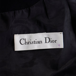 Vintage 1980s Christian Dior Black Dress w Beaded Dior Metallic Embroidery Logo & Organza Collar & Cuffs
