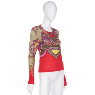 1990s Bazar Christian Lacroix Vintage Chinese Dragon Print Long Sleeve Top in vibrant shades of red and muted green
