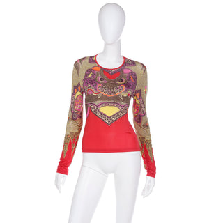 1990s Bazar Christian Lacroix Vintage Chinese Dragon Print Long Sleeve Top S/M