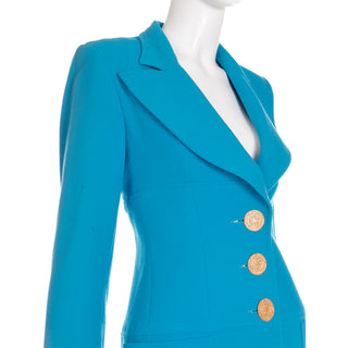 1995 Christian Lacroix Peacock Blue Wool Jacket with Gold Buttons Made in France