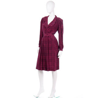 1980s Vintage 100% Silk Dark Pink & Black Houndstooth 2 piece Day Dress