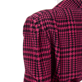 1980s Vintage 100% Silk Dark Pink & Black Houndstooth 2pc Day Dress with fine details