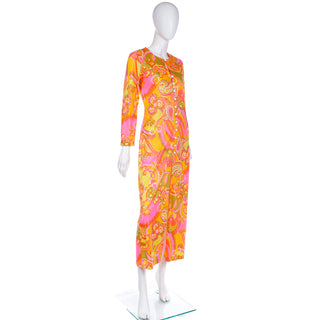 1960s Cole of California Mod Bold Pink Yellow & Green Floral Paisley Maxi Dress