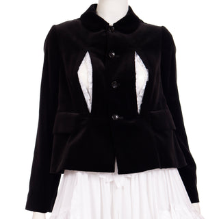 Comme des Garcons Unique Black Velvet White Cotton Ruffle Peek a Boo Lace Dress