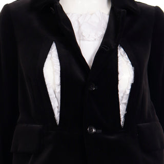 Comme des Garcons Black Velvet White Cotton Ruffle Peek a Boo Lace Dress w built in jacket