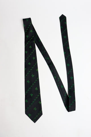 Comme des Garcons Homme Plus Necktie Black Silk Tie W/ Green Embroidery Minimalist Design
