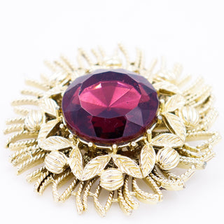 Abstract 1960s Coro Vintage Gold Brooch With Faceted Purple Stone
