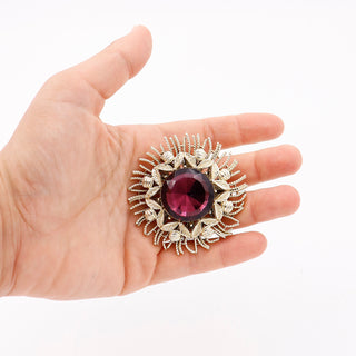 Signed 1960s Coro Vintage Gold Brooch With Large Faceted Purple Stone