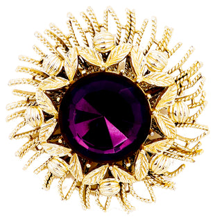 1960s Coro Vintage Gold Brooch With Large Center Faceted Purple Stone
