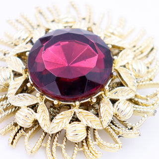 1960s Coro Vintage Gold Brooch With Faceted Purple Glass Stone