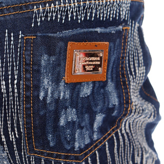2000s Dolce & Gabbana Distressed Low Rise Denim Jeans w Embroidery with branded metal plates 