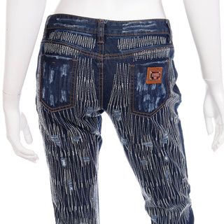 2000s Dolce & Gabbana Distressed Low Rise Denim Jeans w Embroidery that mimics threads