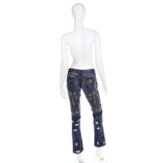 2000s Dolce & Gabbana Distressed Low Rise Denim Jeans w White Embroidery