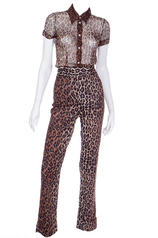 2000s Dolce & Gabbana Brown Leopard  Print Sheer Silk Top & Pants Outfit