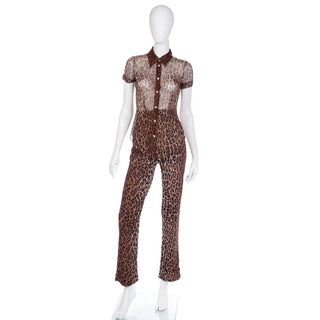 Vintage 2000s Dolce & Gabbana Brown Leopard  Print Sheer Silk Top & Pants Outfit