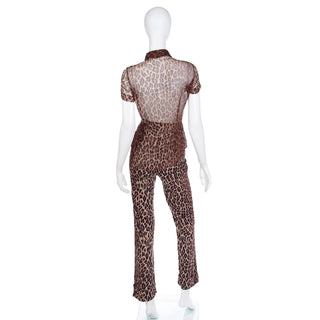 Vintage 2 piece 2000s Dolce & Gabbana Brown Leopard  Print Sheer Silk Top & Pants Outfit
