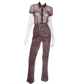 2000s Dolce & Gabbana Brown Leopard  Print Sheer Silk Top & Pants Ensemble