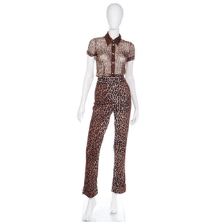 2pc  Dolce & Gabbana Brown Leopard  Print Sheer Silk Top & Pants Outfit